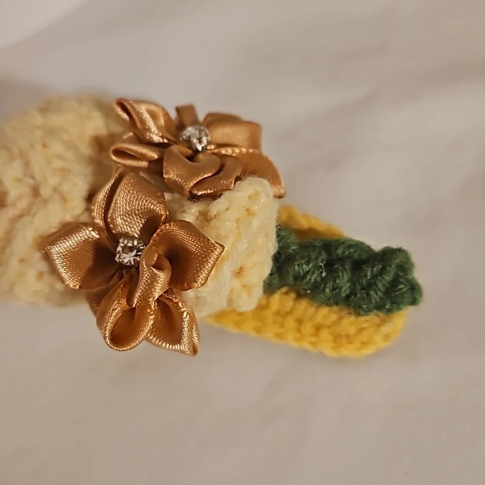 Hand Crafted Crochet hair accessory silver barrete 2- gold flowers handmade rose